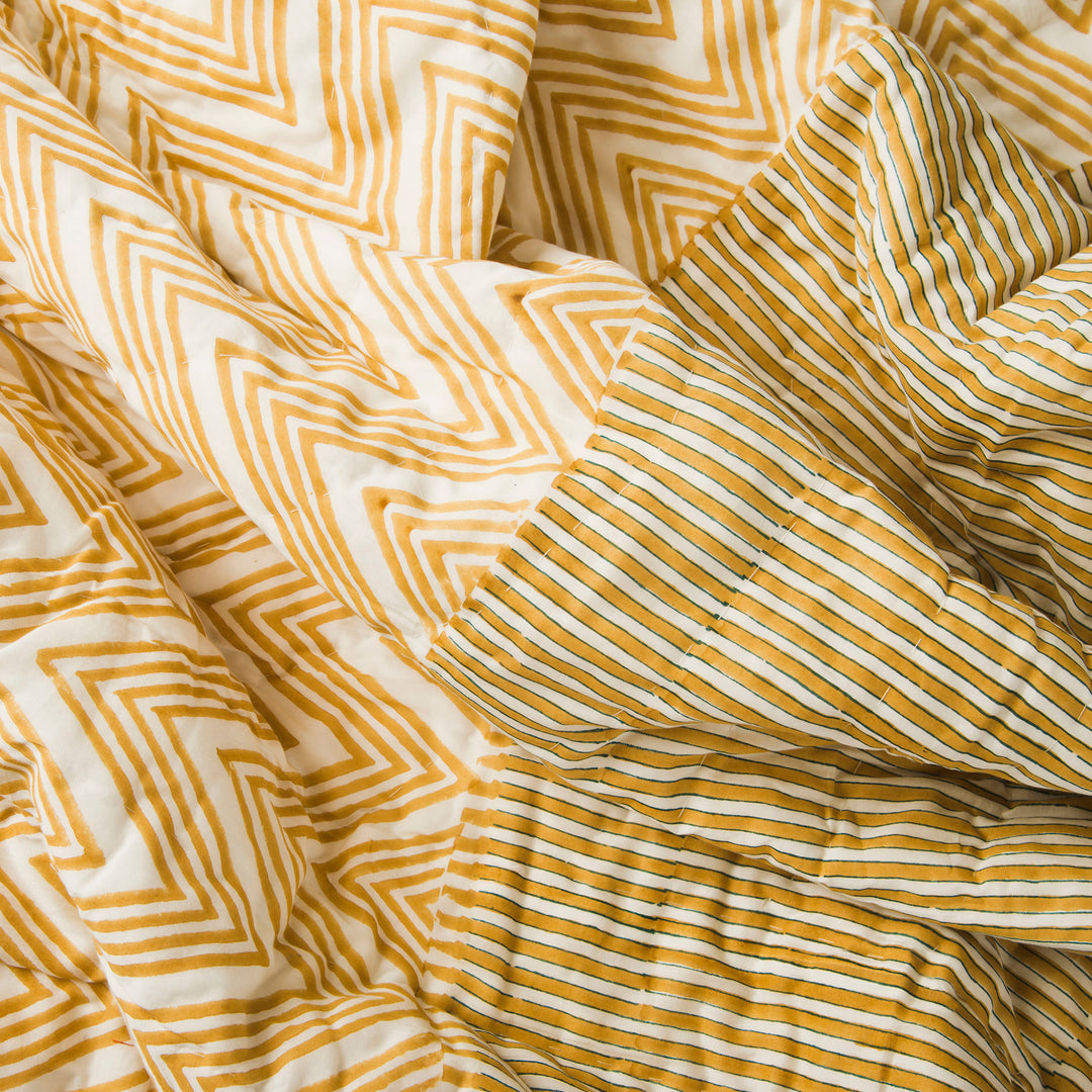 Geometric Pattern Cotton Block Print Throw from India - Mustard Geometry