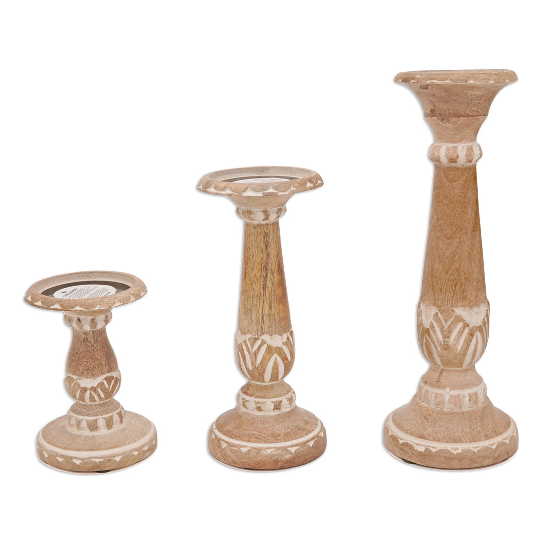 Rustic Mango Wood Candleholder Trio from India - Rustic Charm