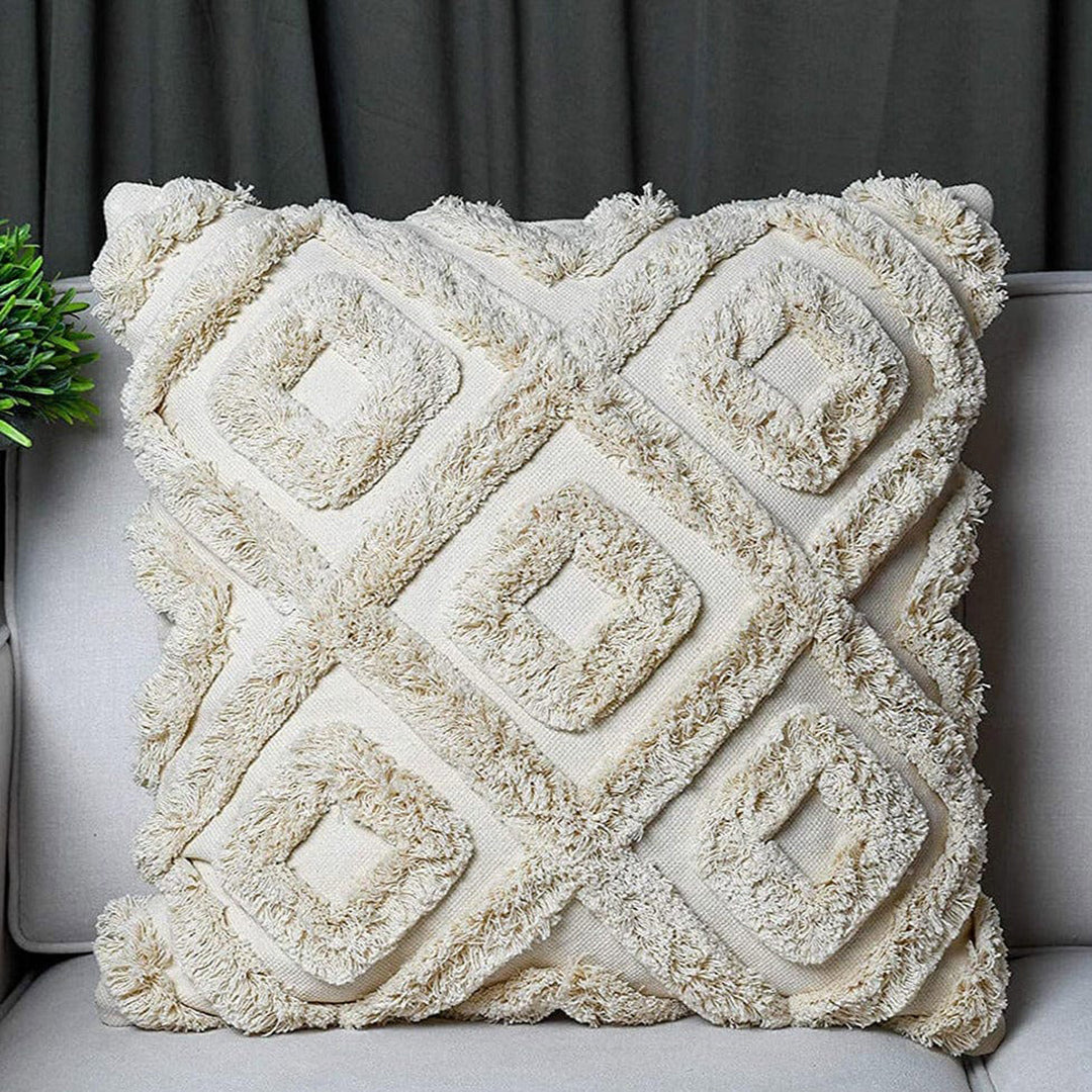 Woven Cotton Beige Shaggy Cushion Cover from India - Cozy Geometry