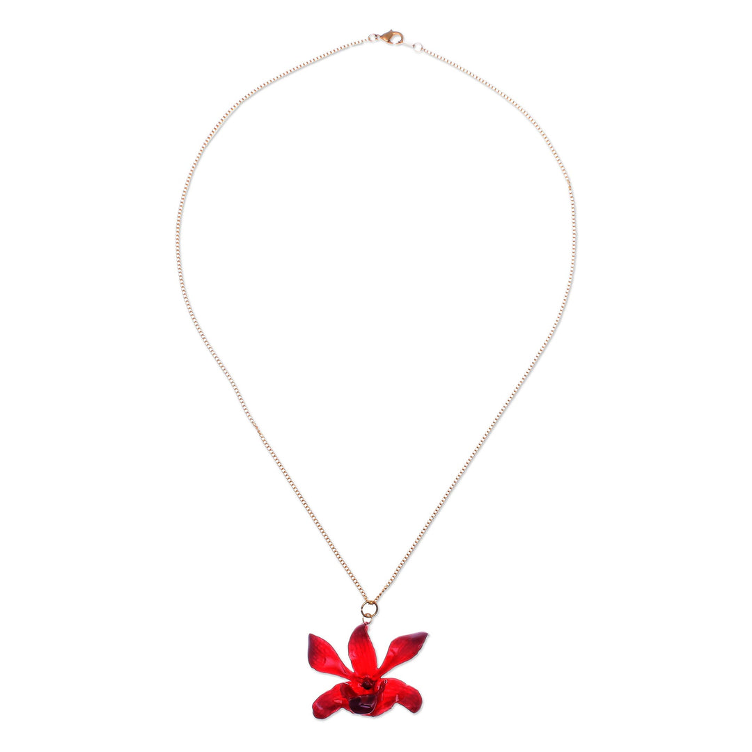 Gold Accented Red-Purple Natural Orchid Pendant Necklace - Starry Flower