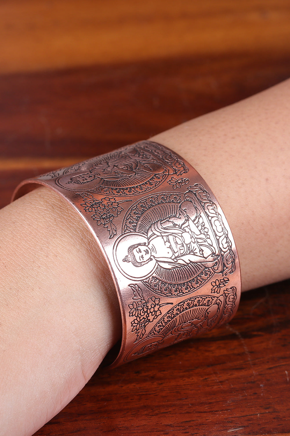 Wide Copper Cuff Bracelet with Engraved Buddha Designs - Meditative Buddha