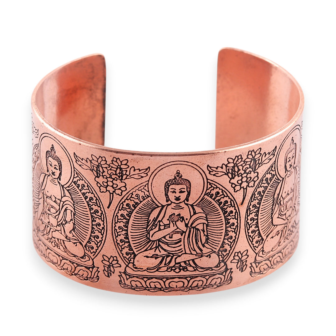 Wide Copper Cuff Bracelet with Engraved Buddha Designs - Meditative Buddha