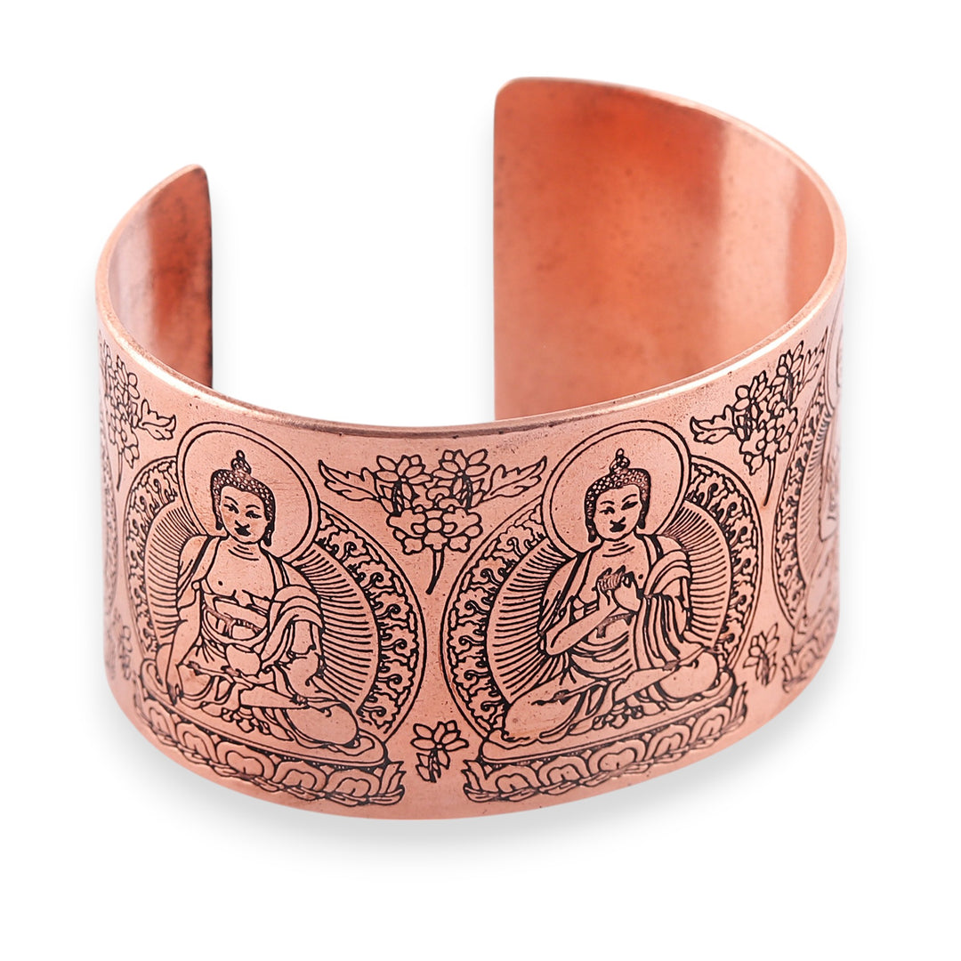 Wide Copper Cuff Bracelet with Engraved Buddha Designs - Meditative Buddha