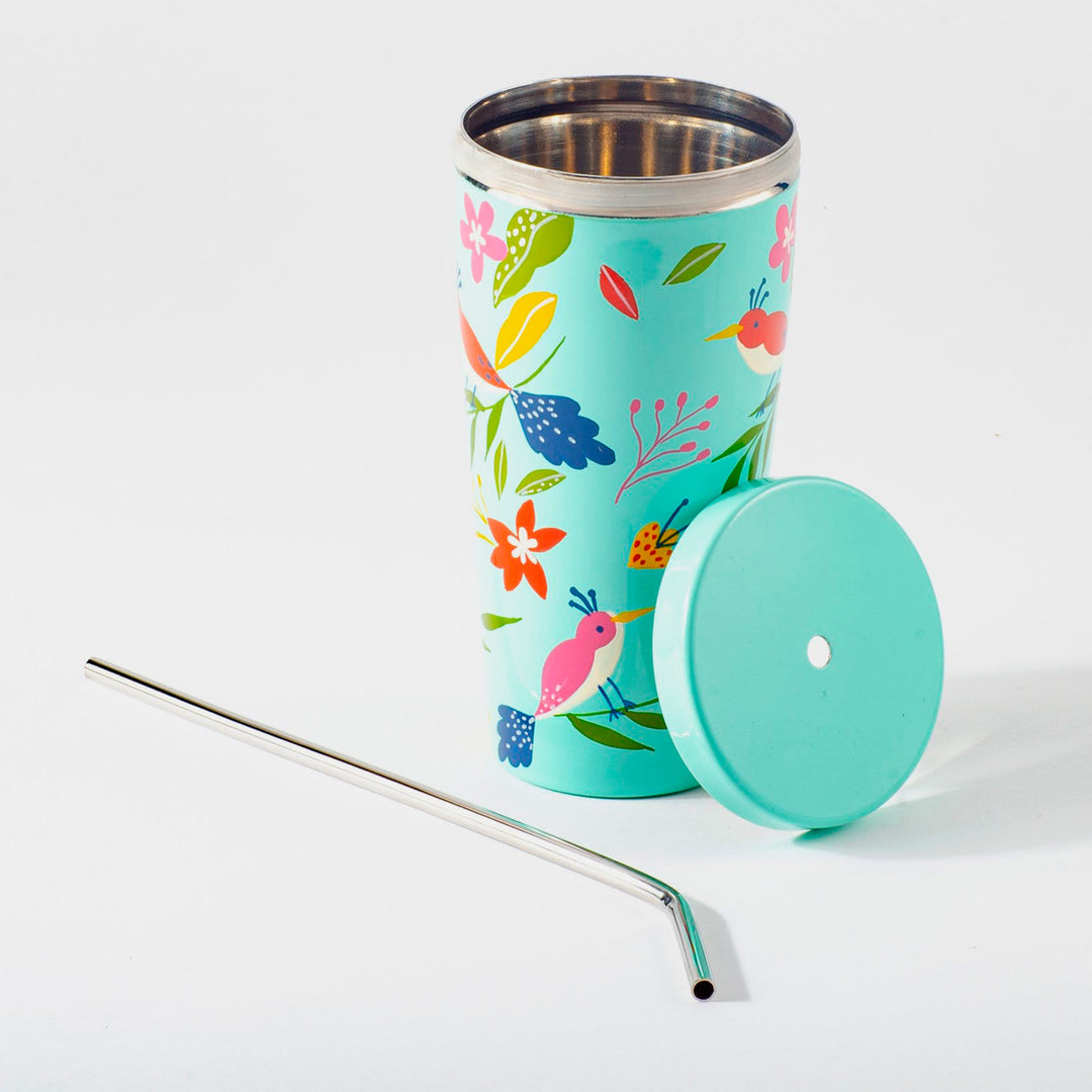 Handpainted Stainless Steel Lidded Tumbler from India - Tropical Taste