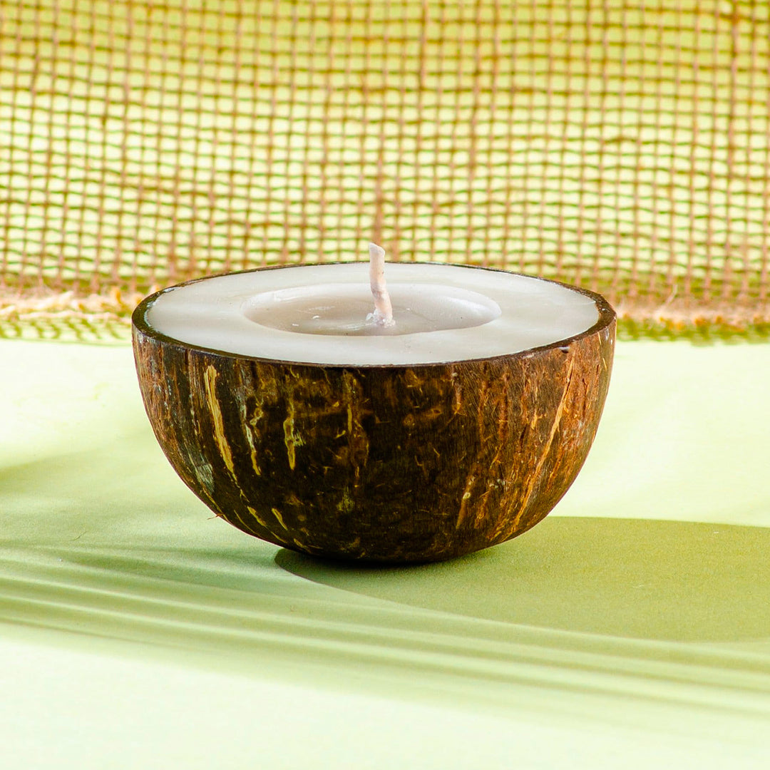 Pair of Coconut Shell Soy Candle from India - Coconut Delight