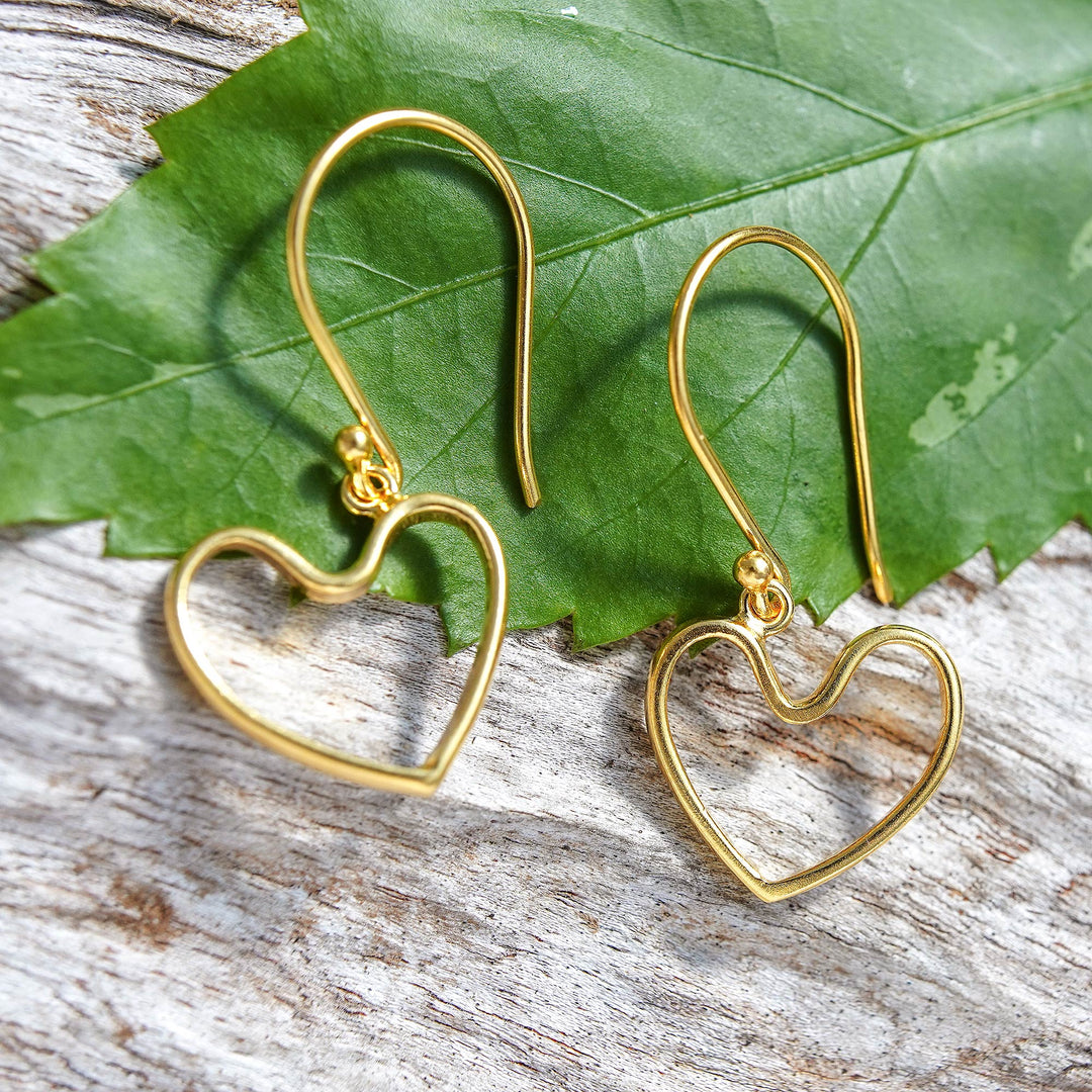 18k Gold-Plated Heart-Shaped Dangle Earrings Made in Bali - Swinging with Love
