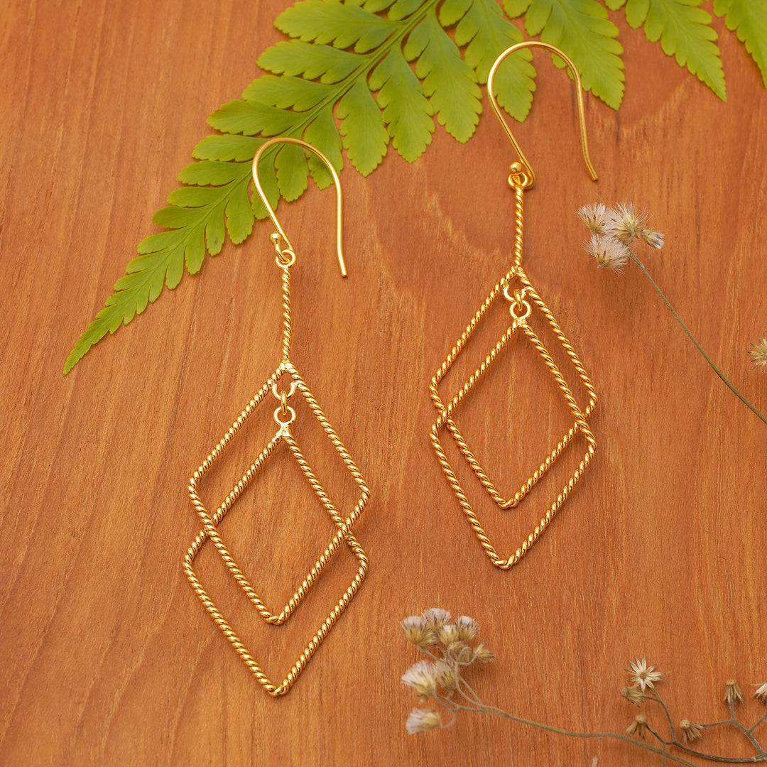 Geometric-Inspired 18k Gold-Plated Brass Dangle Earrings - Intertwined Geometry