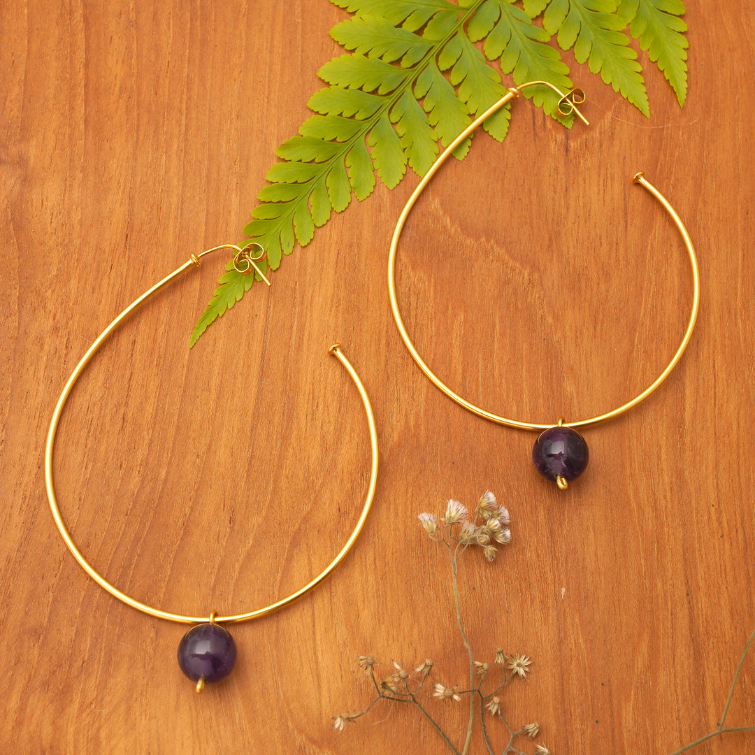 High-Polished 18k Gold-Plated Amethyst Half-Hoop Earrings - Wise Ideas
