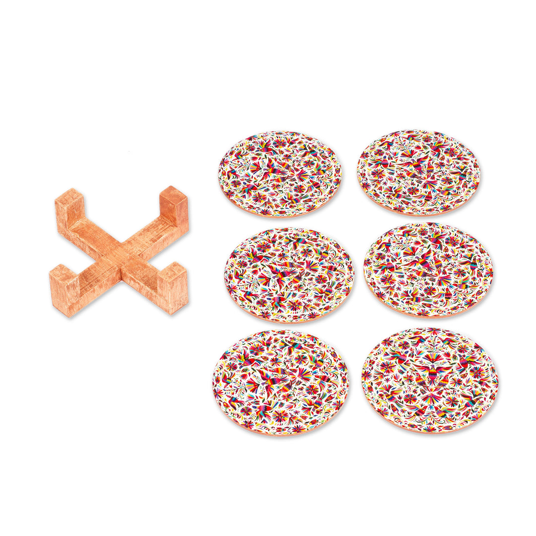 Decoupage Bird-Themed 7-Piece Pinewood Coaster and Stand Set - Birdy Elixir