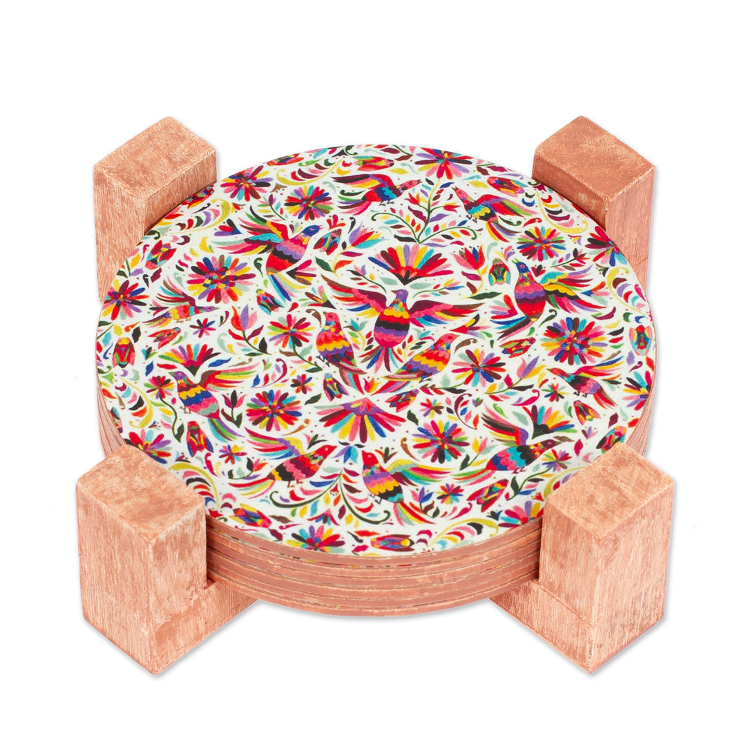 Decoupage Bird-Themed 7-Piece Pinewood Coaster and Stand Set - Birdy Elixir