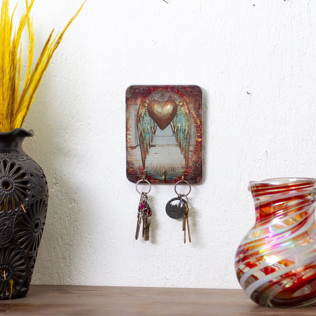 Artisan-Made Heart-Themed Decoupage Pinewood Key Holder - Heaven Heart