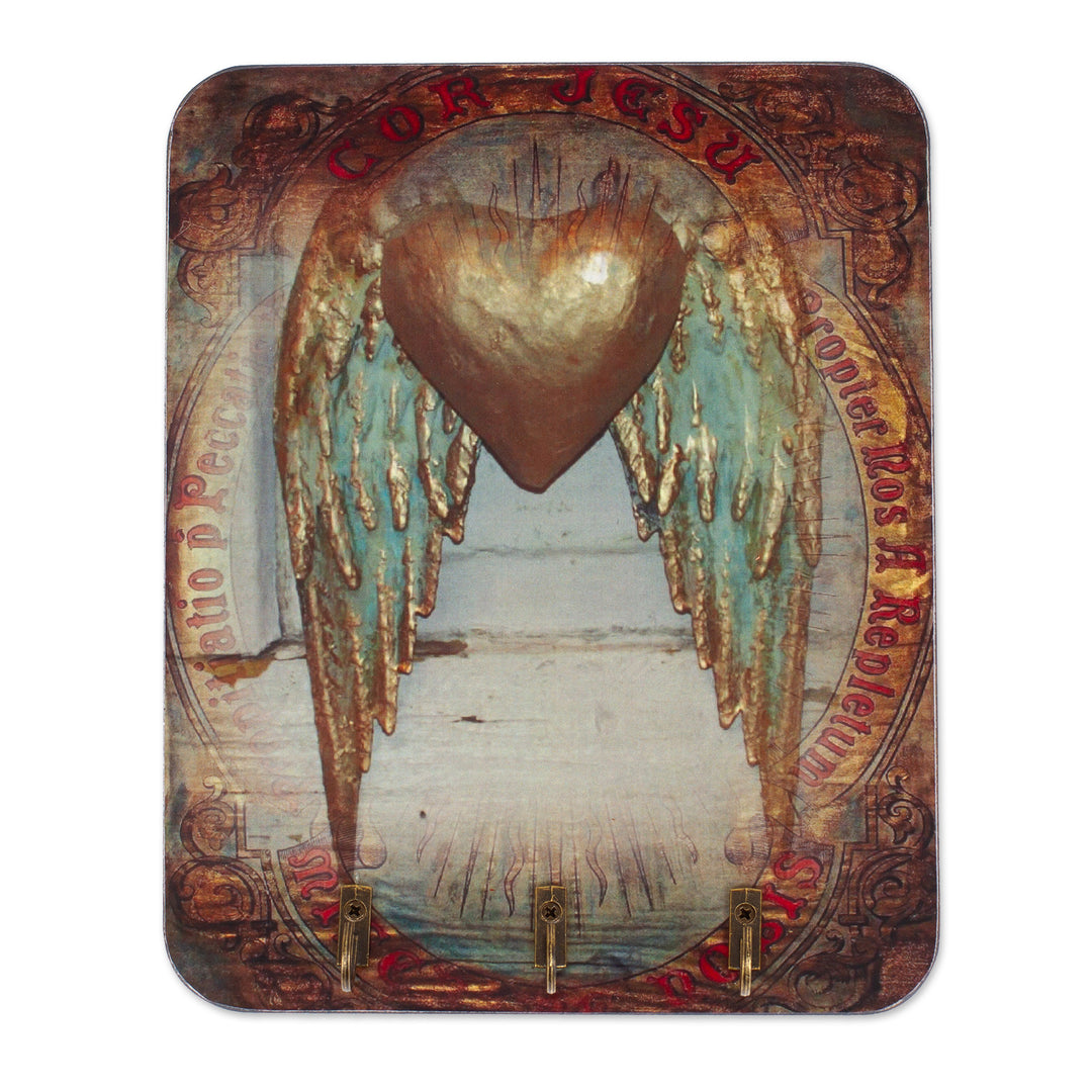 Artisan-Made Heart-Themed Decoupage Pinewood Key Holder - Heaven Heart