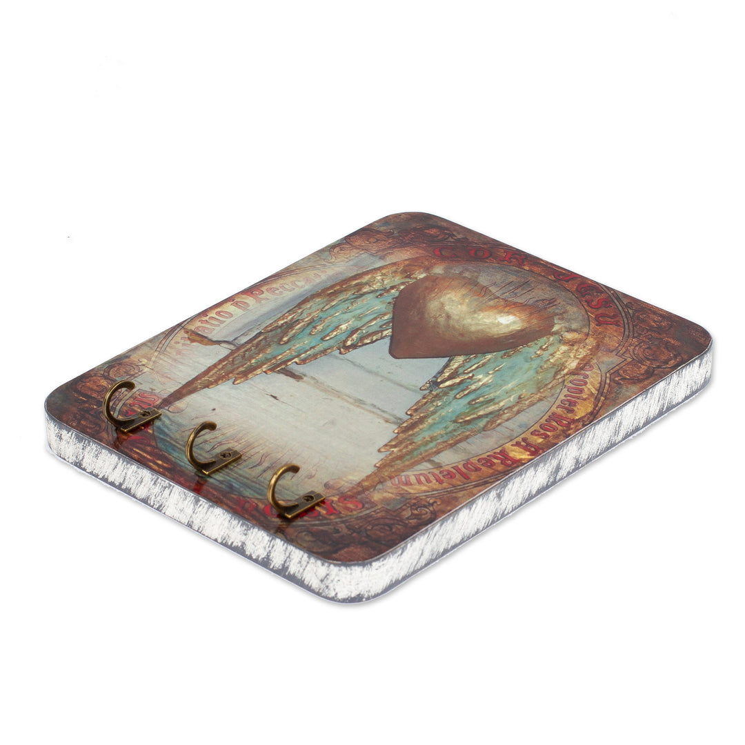Artisan-Made Heart-Themed Decoupage Pinewood Key Holder - Heaven Heart
