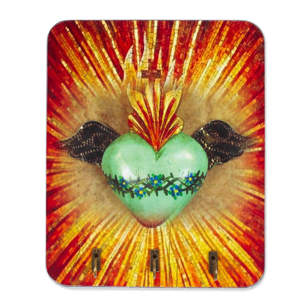 Heart-Themed Handmade 3-Hook Decoupage Pinewood Key Holder - Valiant Heart