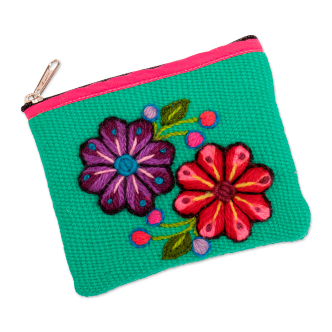 Spring-Themed Embroidered Alpaca Blend Coin Purse from Peru - Spring in Turquoise