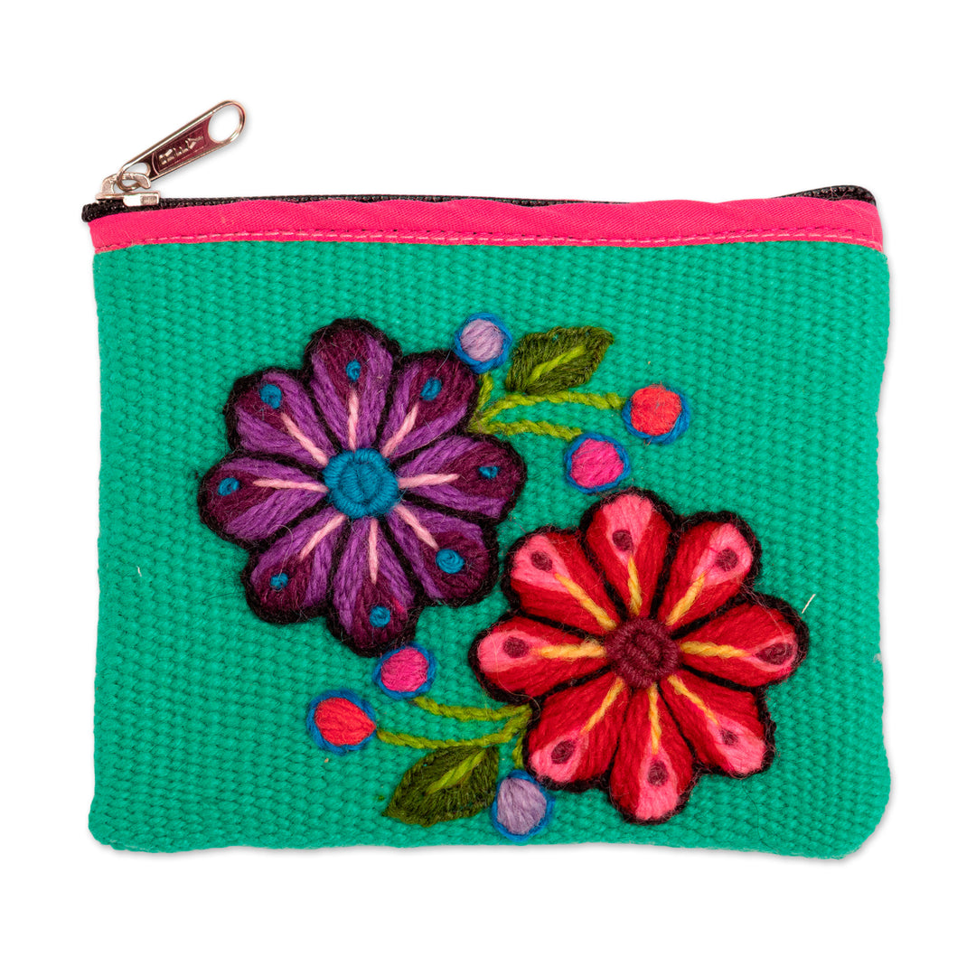 Spring-Themed Embroidered Alpaca Blend Coin Purse from Peru - Spring in Turquoise