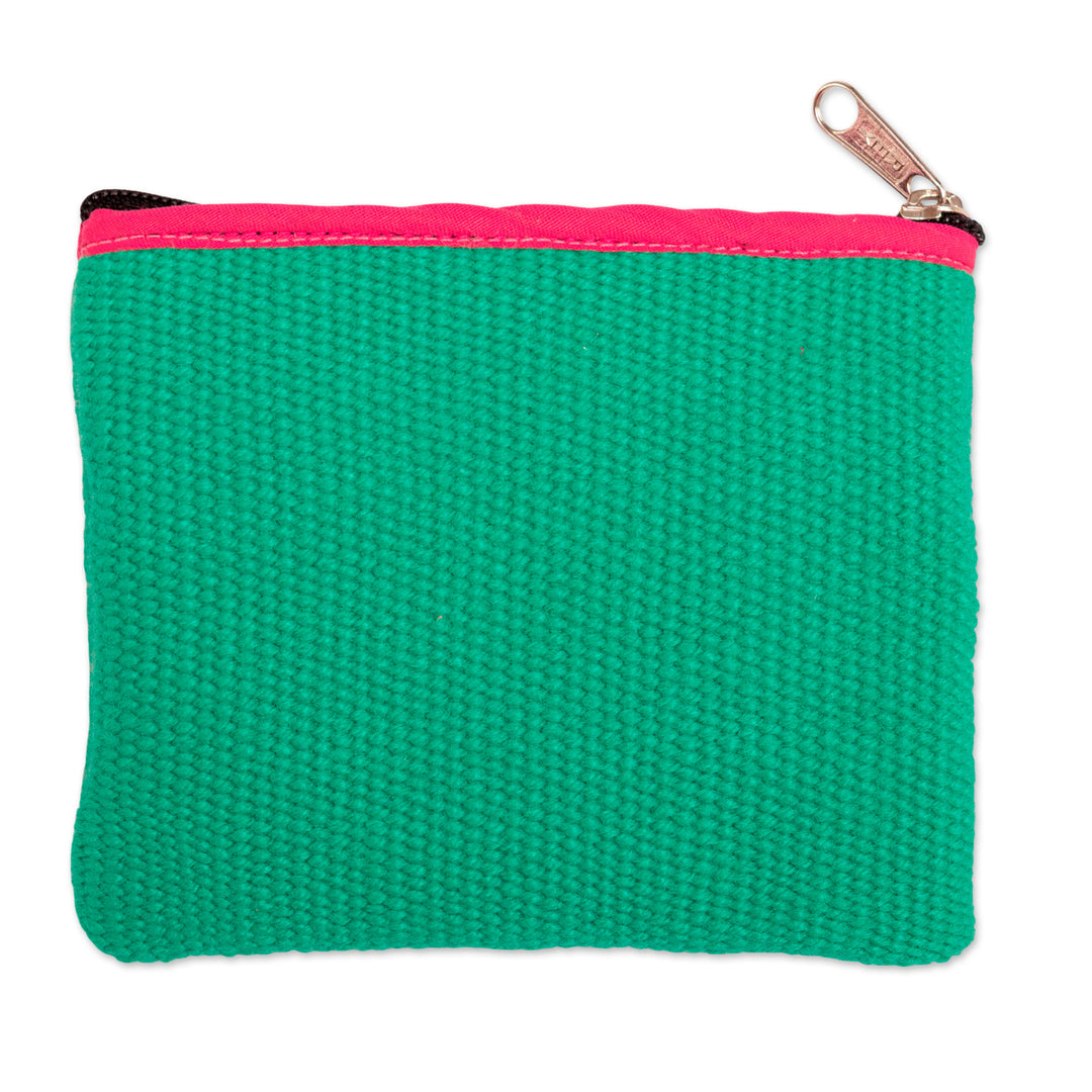Spring-Themed Embroidered Alpaca Blend Coin Purse from Peru - Spring in Turquoise