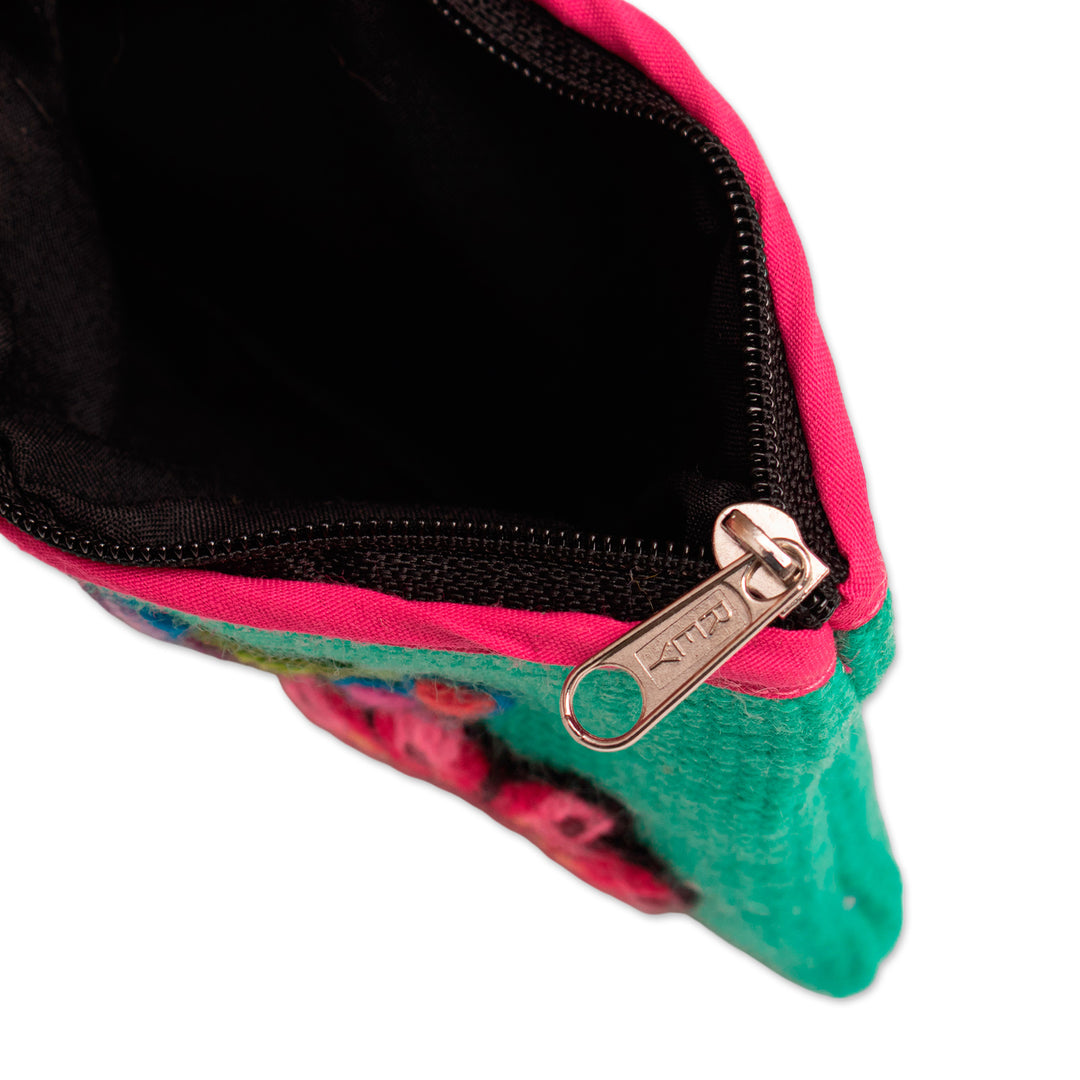 Spring-Themed Embroidered Alpaca Blend Coin Purse from Peru - Spring in Turquoise