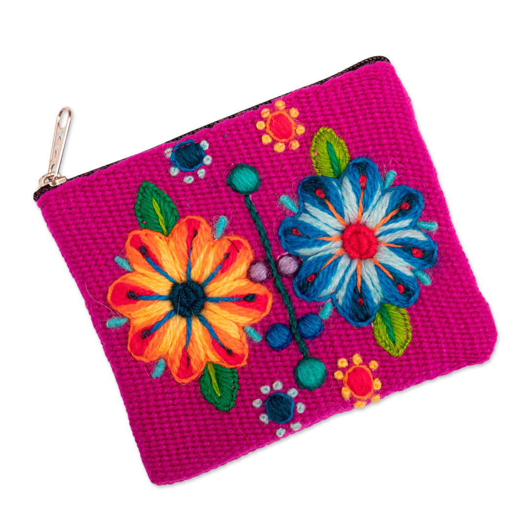 Handmade Zippered Alpaca Blend Coin Purse in Magenta Hues - Magenta Bouquet