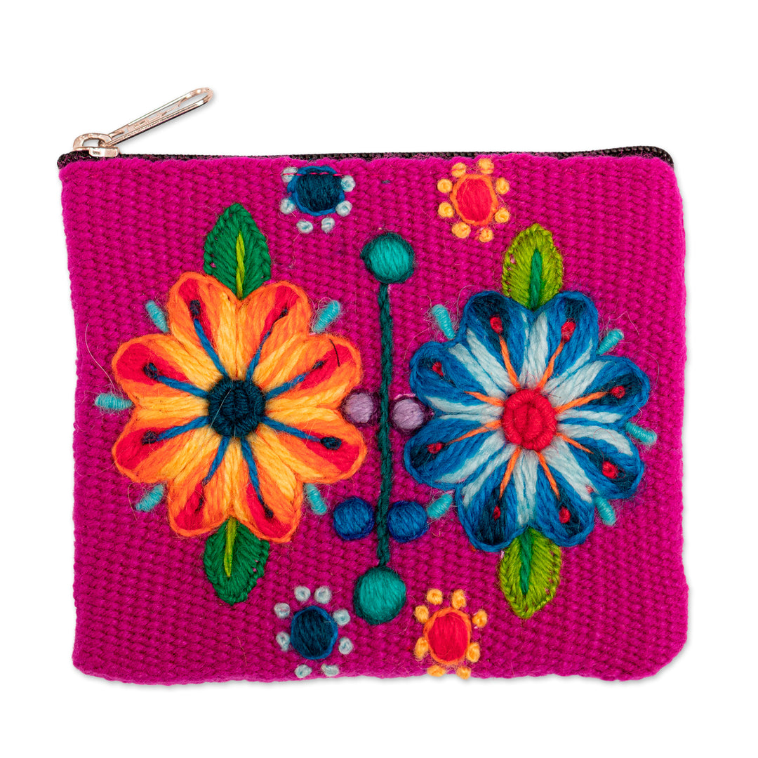 Handmade Zippered Alpaca Blend Coin Purse in Magenta Hues - Magenta Bouquet