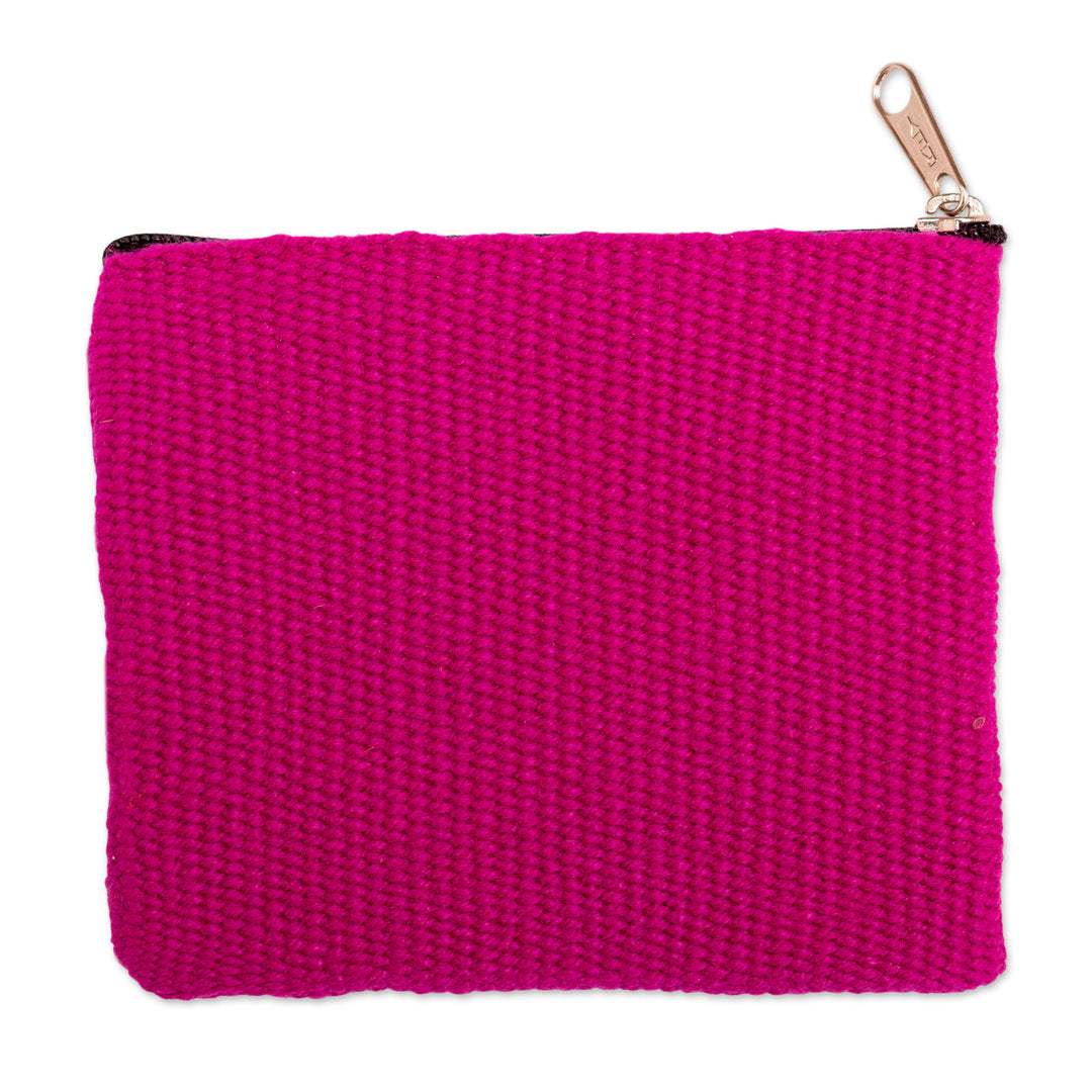 Handmade Zippered Alpaca Blend Coin Purse in Magenta Hues - Magenta Bouquet