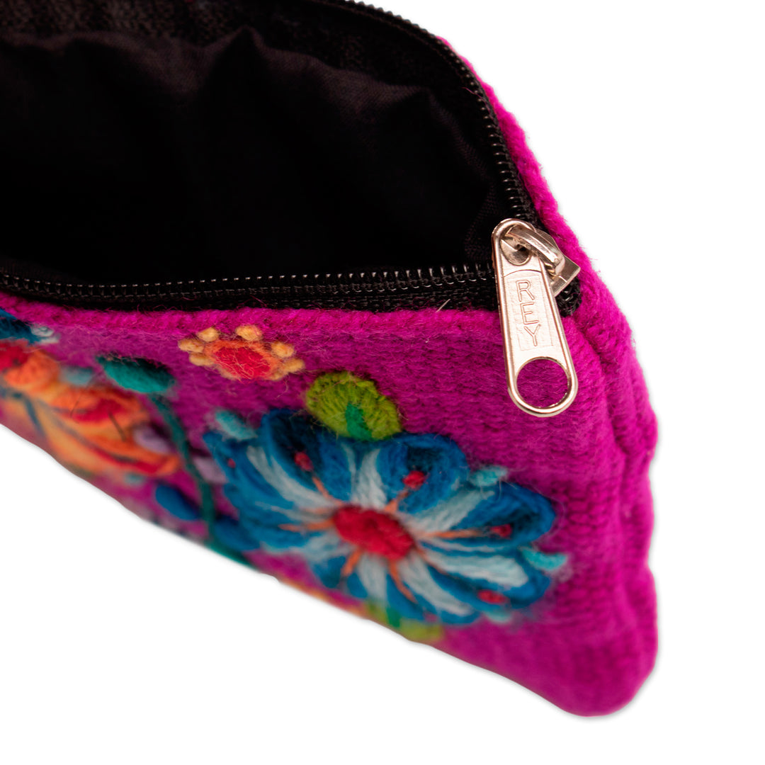 Handmade Zippered Alpaca Blend Coin Purse in Magenta Hues - Magenta Bouquet