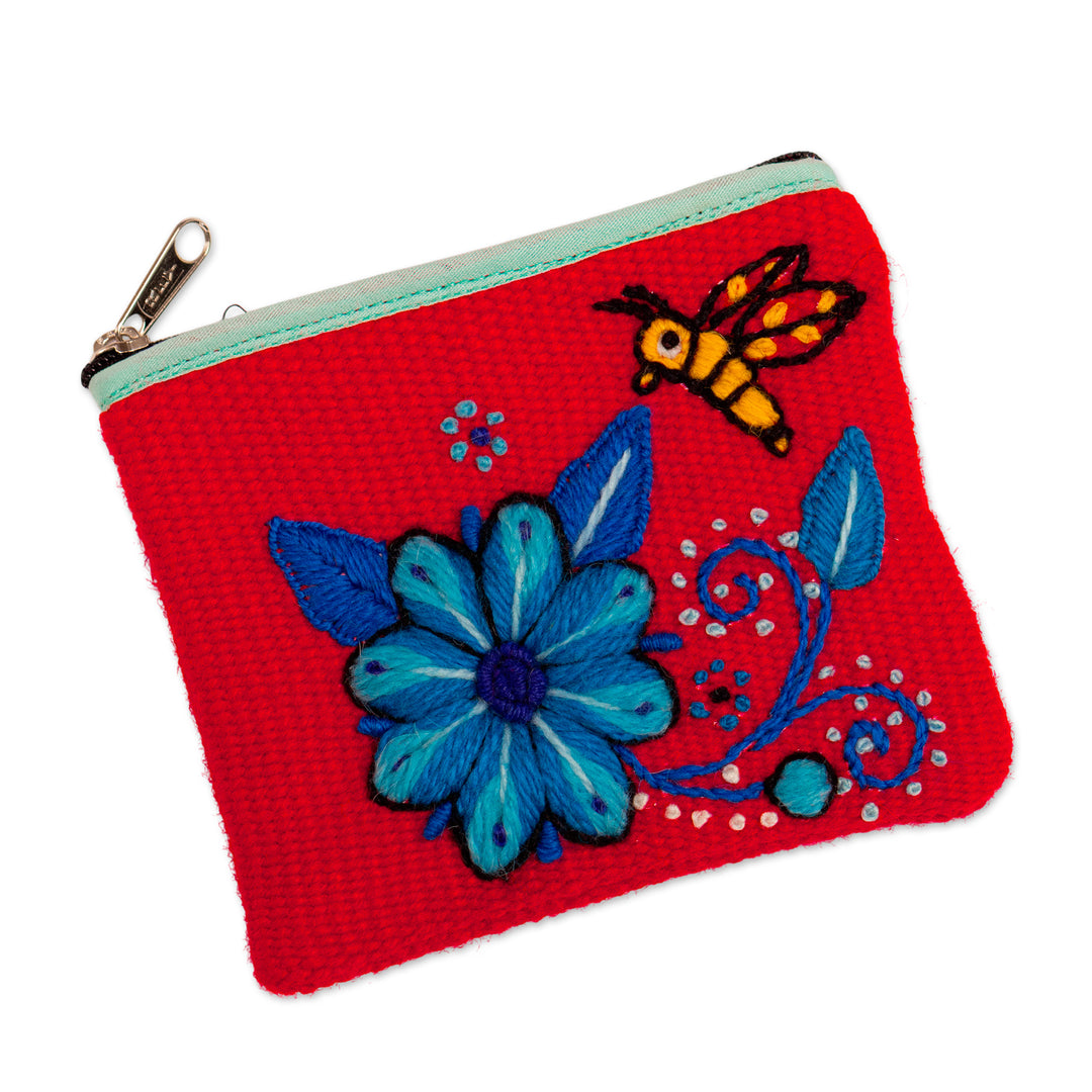 Autumn-Inspired Floral Red and Blue Alpaca Blend Coin Purse - Autumn Nature