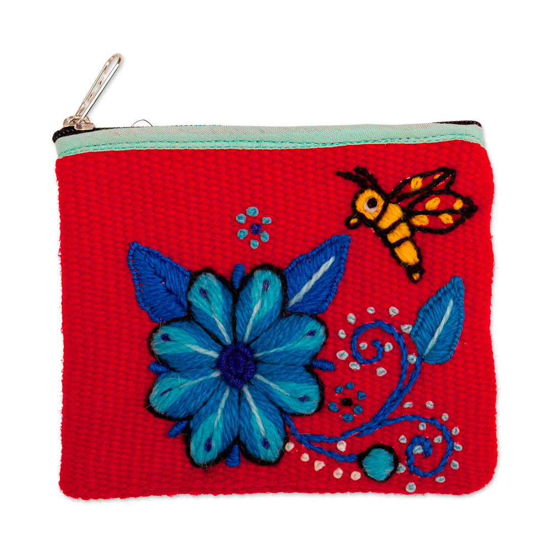 Autumn-Inspired Floral Red and Blue Alpaca Blend Coin Purse - Autumn Nature