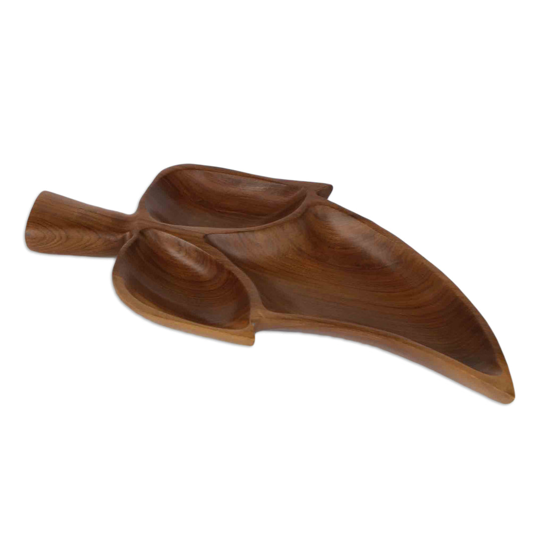 Wood Leaf Appetizer Platter Carved by Hand in Brazil - Brown Three-Lobed Leaf