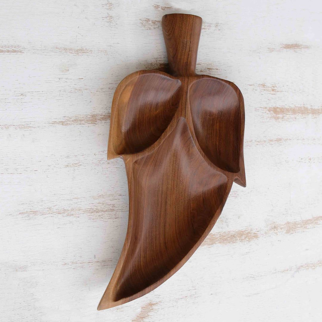 Wood Leaf Appetizer Platter Carved by Hand in Brazil - Brown Three-Lobed Leaf