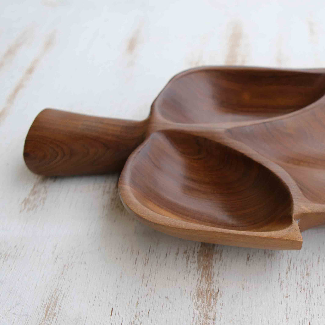 Wood Leaf Appetizer Platter Carved by Hand in Brazil - Brown Three-Lobed Leaf