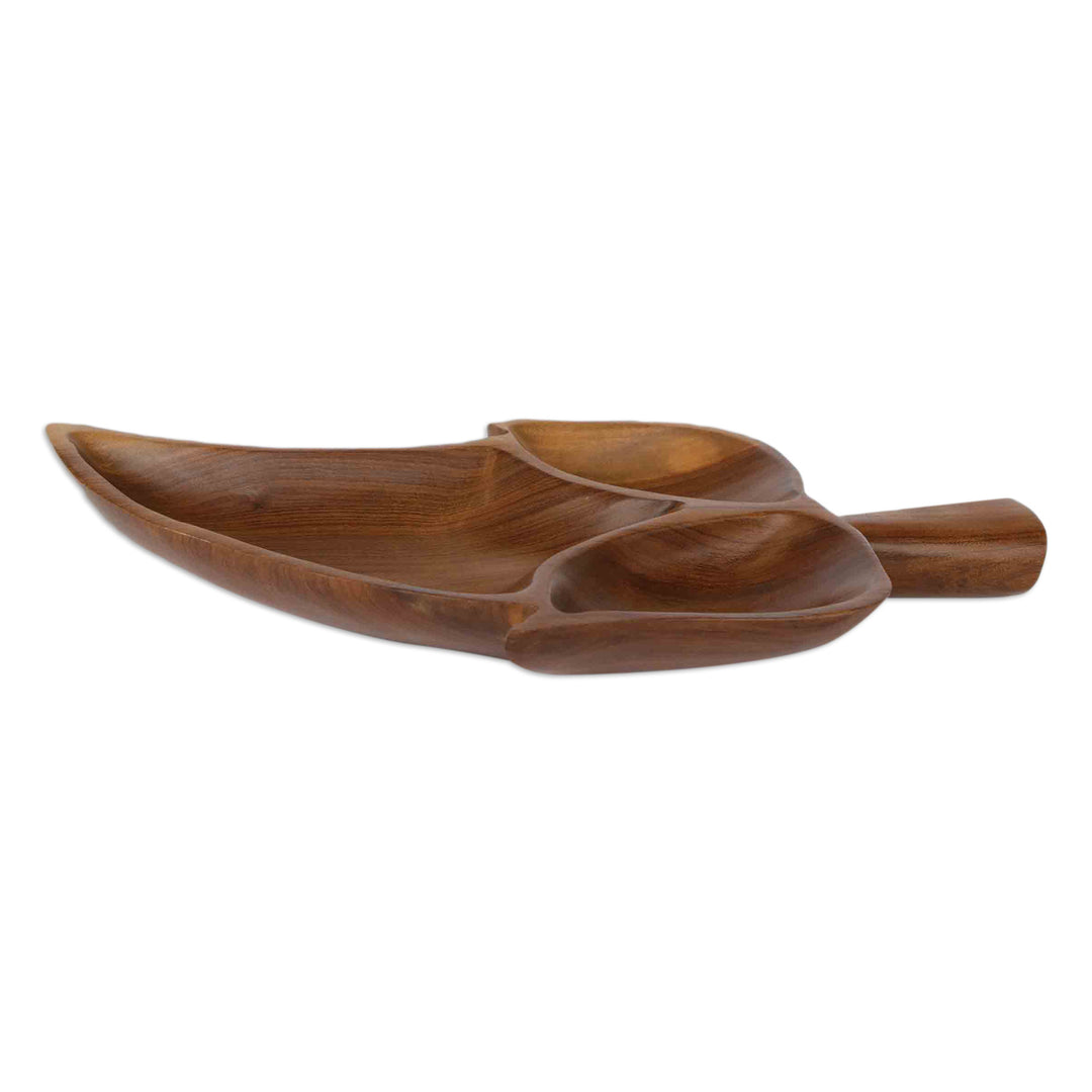 Wood Leaf Appetizer Platter Carved by Hand in Brazil - Brown Three-Lobed Leaf