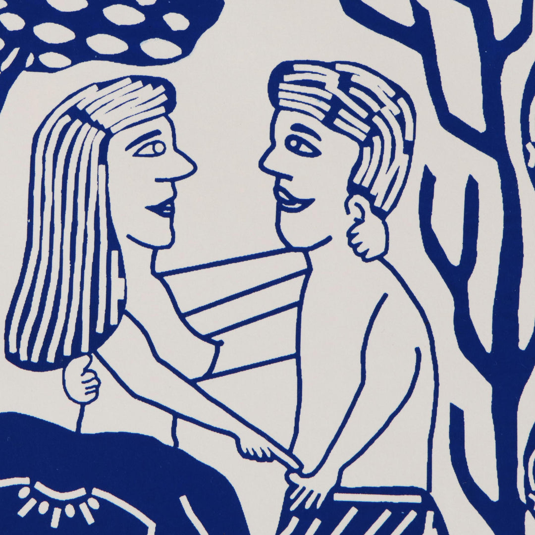 Young Lovers Blue and White Brazilian Woodcut Print - Country Courtship