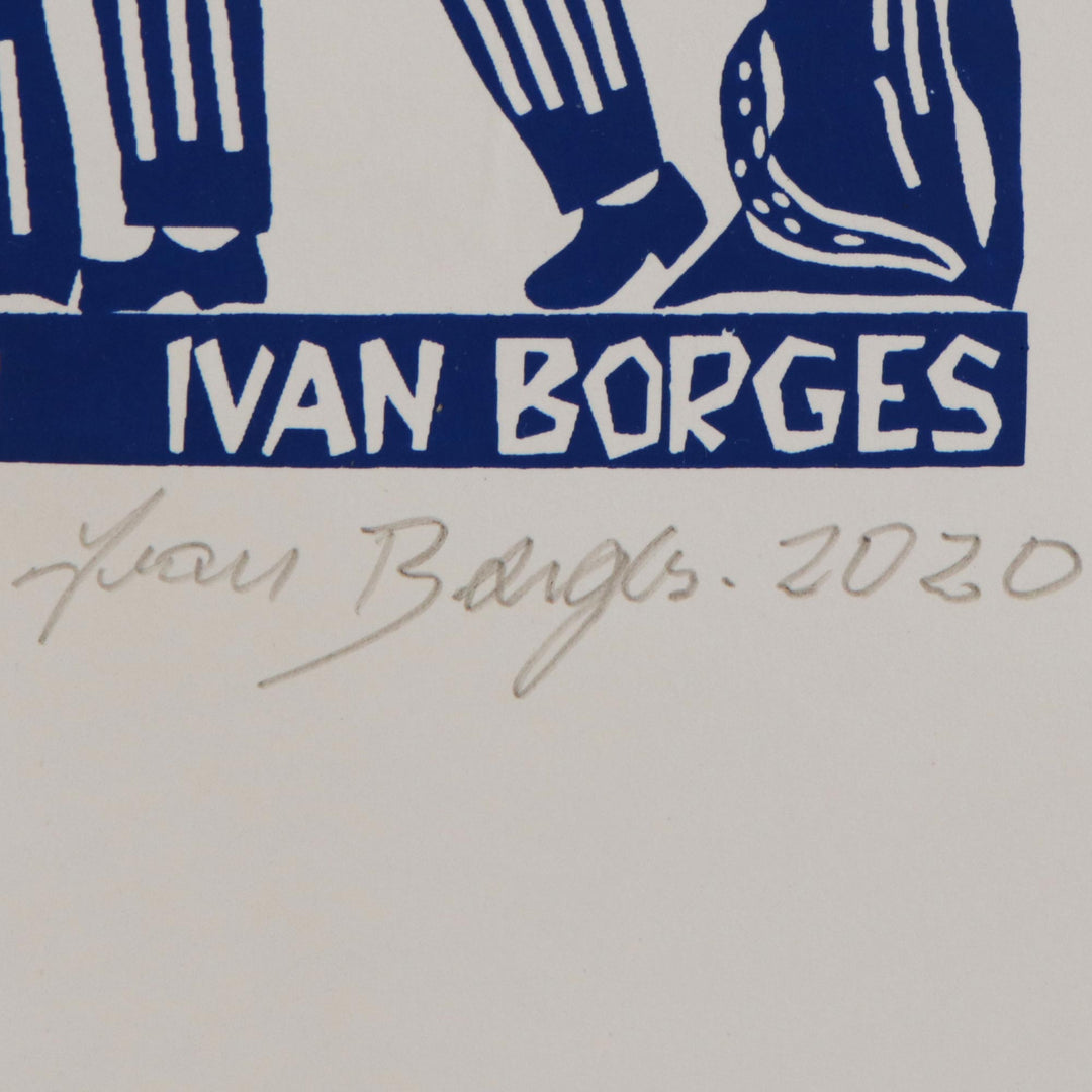 Young Lovers Blue and White Brazilian Woodcut Print - Country Courtship