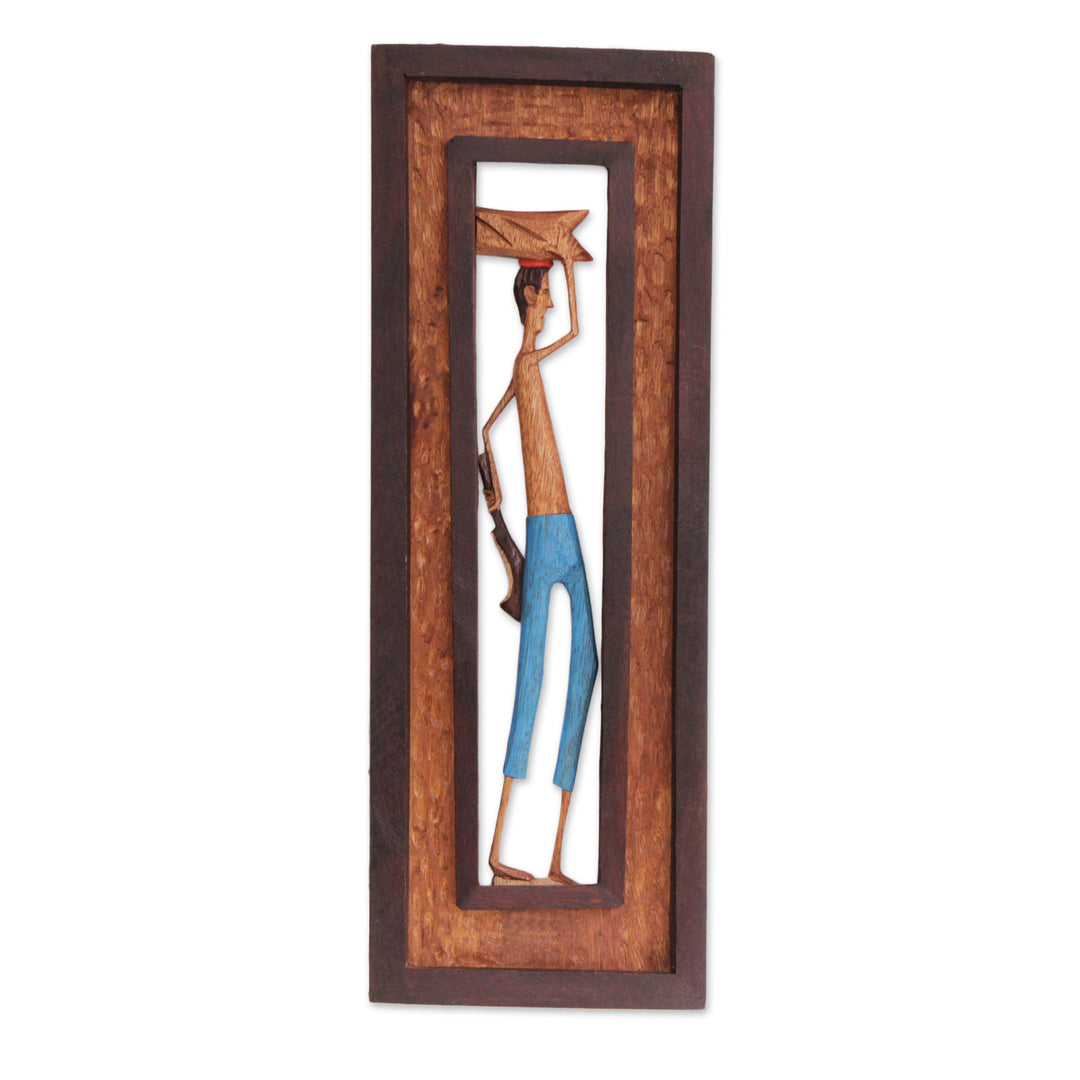 Hand-Carved Wood Relief Panel of a Brazilian Working Man - Man from the Northeast