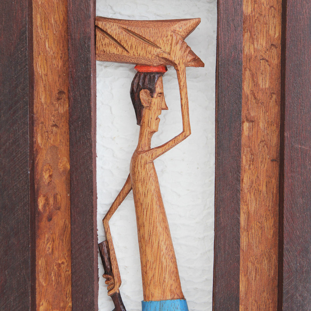 Hand-Carved Wood Relief Panel of a Brazilian Working Man - Man from the Northeast