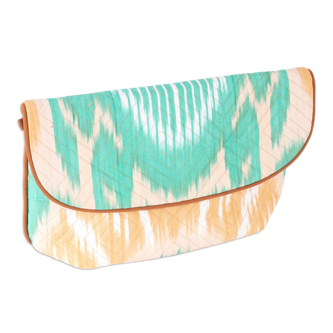 Ikat Cotton Sling Bag in Tan and Aqua with Removable Strap - Dreamy Vibes