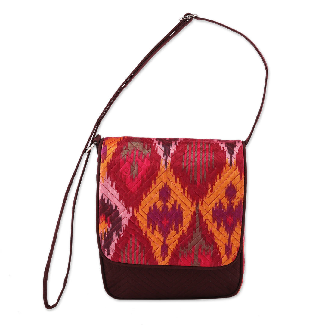 Quilted Shoulder Bag with Ikat Patterns and Adjustable Strap - Ikat Summer Beauty