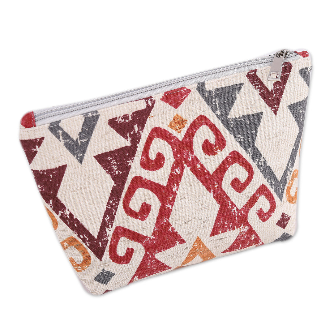 Geometric-Patterned Red Cotton Blend Cosmetic Bag - Red Legends