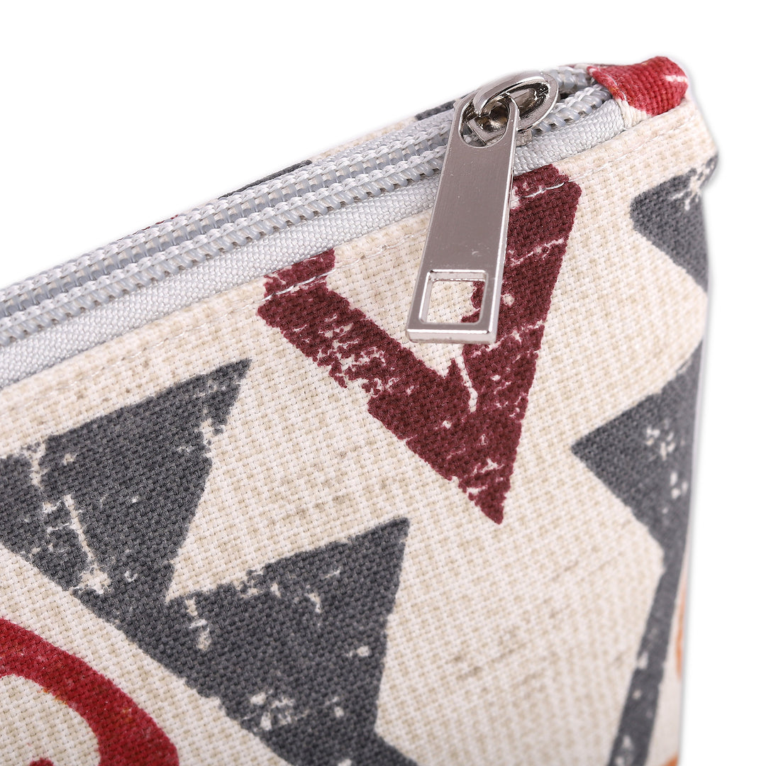 Geometric-Patterned Red Cotton Blend Cosmetic Bag - Red Legends