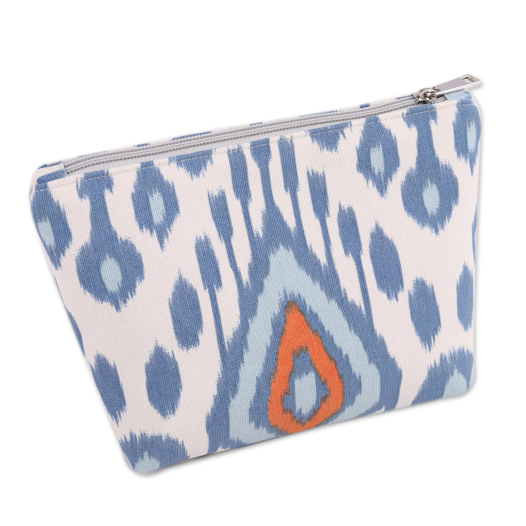 Ikat-Patterned Blue and Ivory Cotton Blend Cosmetic Bag - Dreamy Era