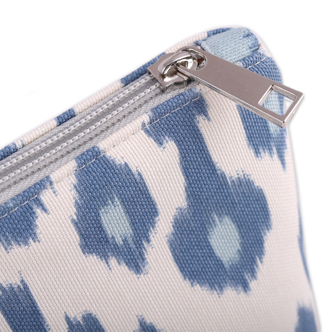 Ikat-Patterned Blue and Ivory Cotton Blend Cosmetic Bag - Dreamy Era