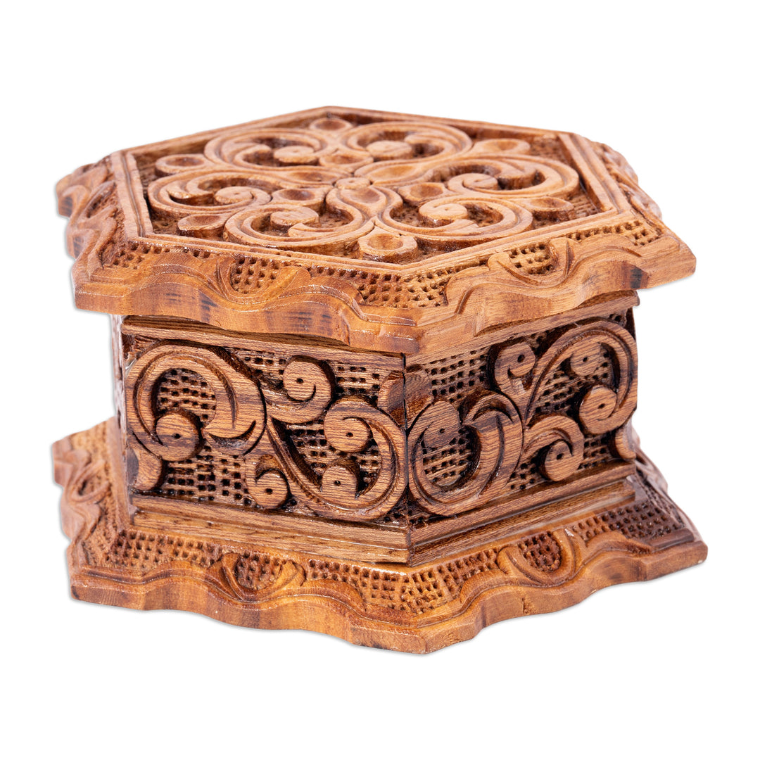 Hand-Carved Floral Hexagonal Elm Tree Wood Jewelry Box - Flourishing Treasure