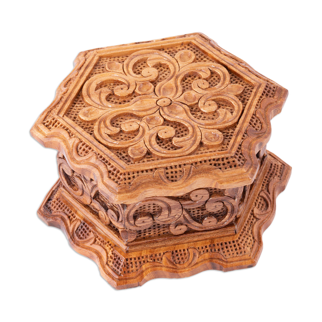 Hand-Carved Floral Hexagonal Elm Tree Wood Jewelry Box - Flourishing Treasure