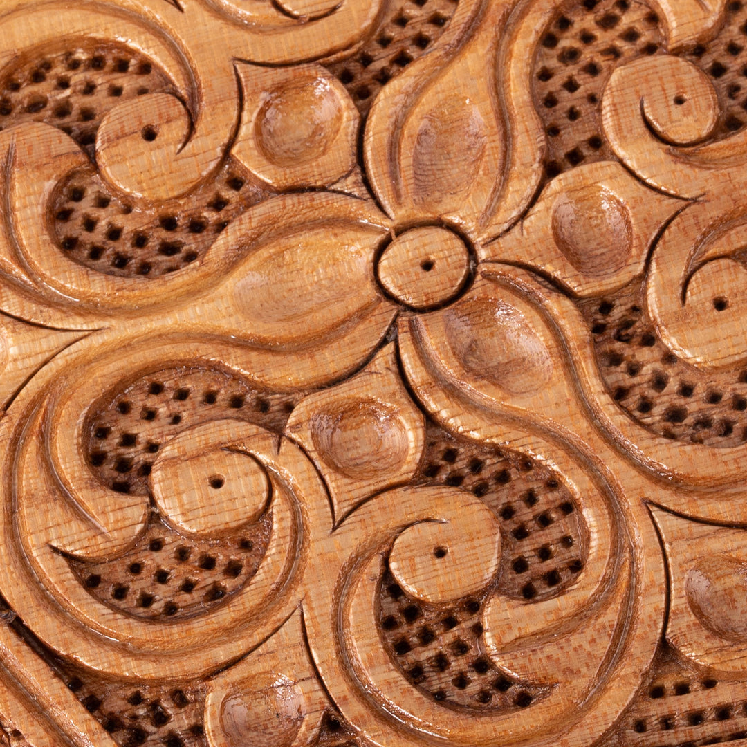 Hand-Carved Floral Hexagonal Elm Tree Wood Jewelry Box - Flourishing Treasure