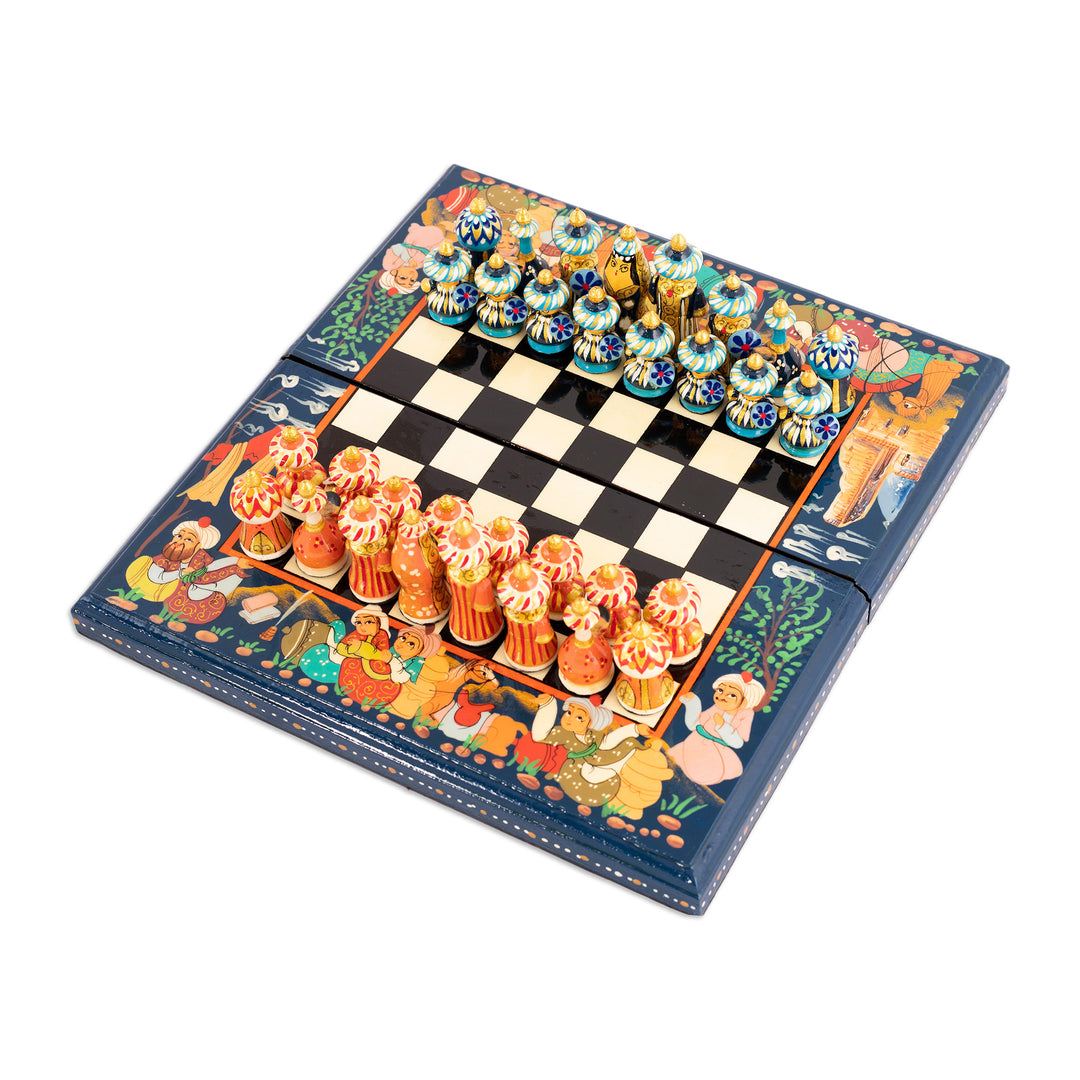 Handcrafted Painted Walnut Wood Chess Set in Blue - Bukhara Strategies