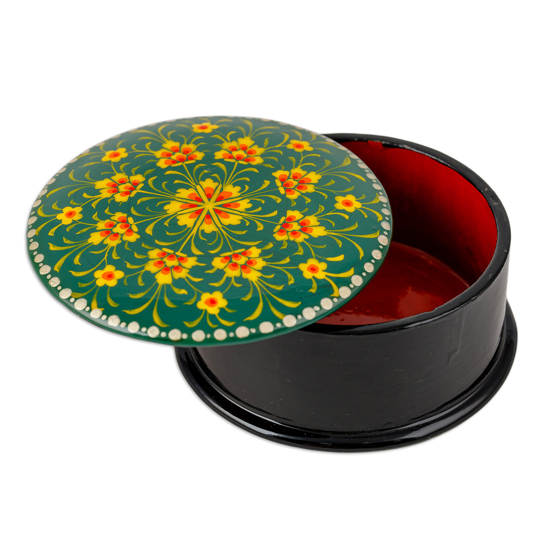 Floral Round Black and Green Papier Mache Jewelry Box - Primavera in Green