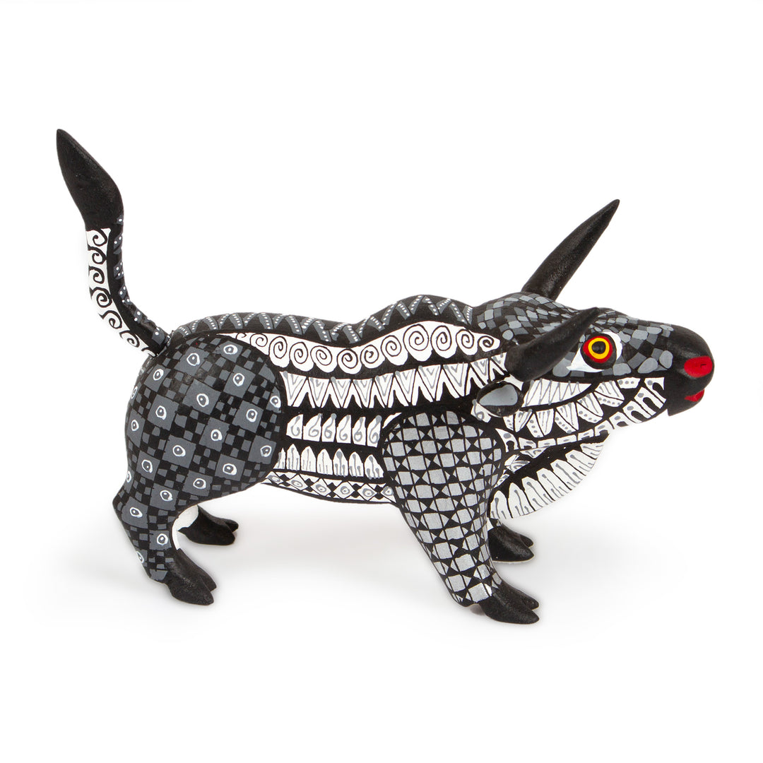 Mexican-Made Black and White Wood Alebrije Bull Sculpture - Toro Underworld