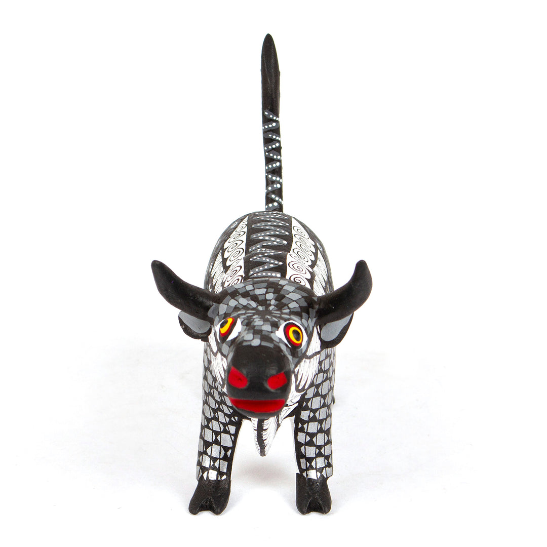 Mexican-Made Black and White Wood Alebrije Bull Sculpture - Toro Underworld