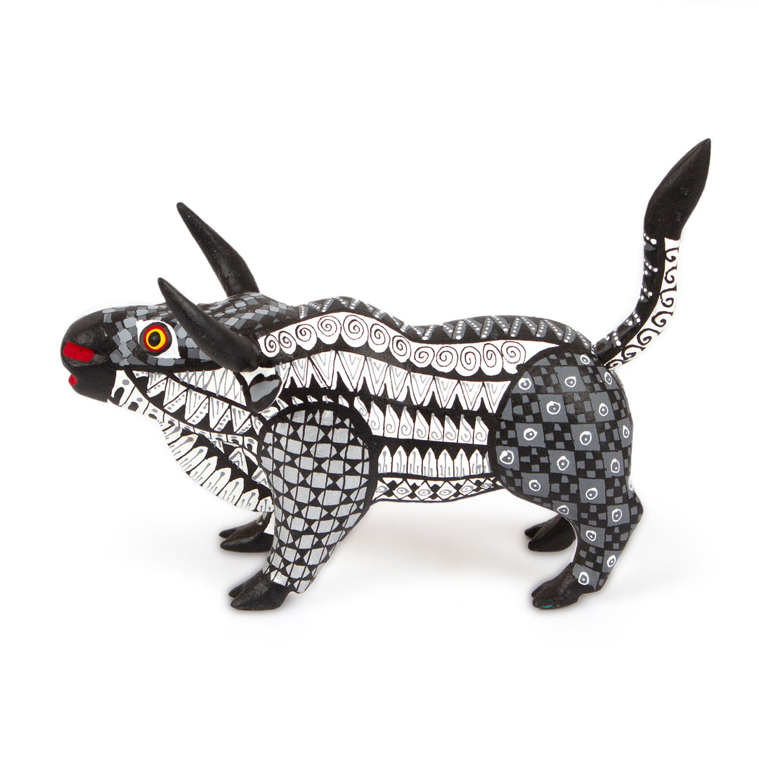 Mexican-Made Black and White Wood Alebrije Bull Sculpture - Toro Underworld